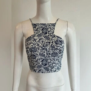 Millau Womens Halter Neck Zip Floral Camisole Top Blue White Size Small